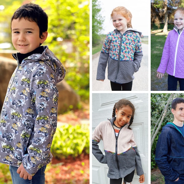 Quadra Jacket - Printable PDF Sewing Pattern, baby to youth sizes, unisex, color blocking, pockets, zipper closure, collar/hood/both