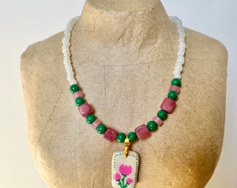 Tulips Clay Charm Necklace-Polymer Clay Charms-Beaded Necklace-Handmade Jewelry-Gift for her-Unique Jewelry-Floral Necklace-Handpainted