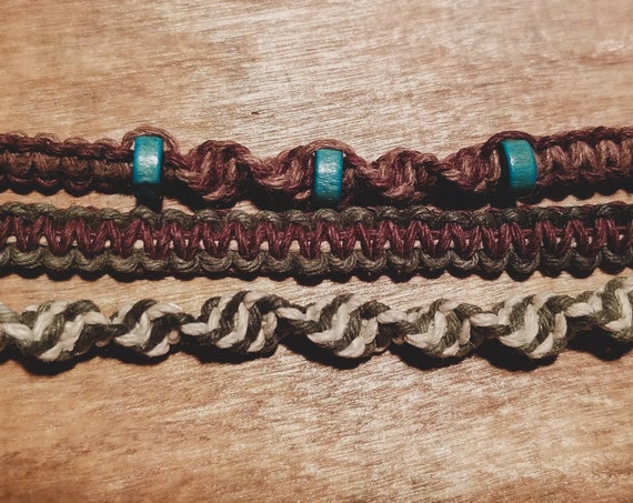 Hemp Bracelets Set of 3 Adjustable Brown blue white With Blue