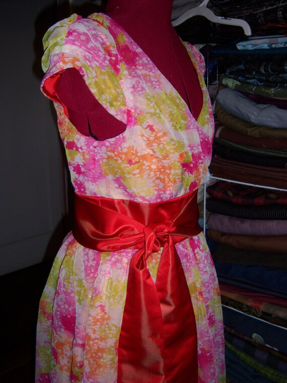 Brilliant Red-Orange Charmeuse-Lined Overlay-Sequined Chiffon Dress. Brilliant Red-Orange Charmeuse-Lined Overlay-Sequined Chiffon Dress.