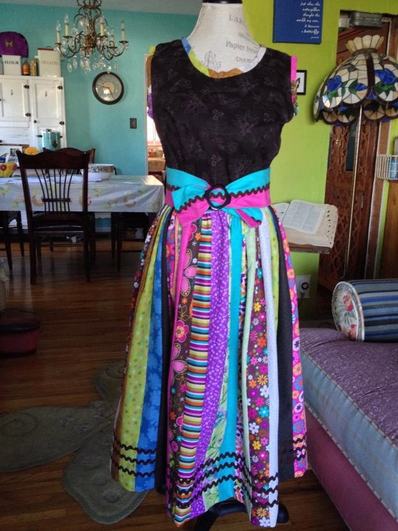 Ladies 1950's Inspired Patchwork Dress with Rick Rack Trim and Embroidered Bodice.