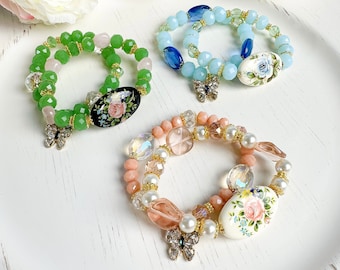 Floral Japanese Tensha Bracelet, Stretch Stack Bracelets, Beaded, Flower Jewelry, Trendy Accessories