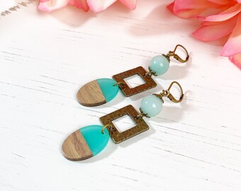 Wood Resin Geometric Earrings, Amazonite Boho Chic Statement Earrings For Women, OOAK, Turquoise Dangle Earrings, Tribal, Gypsy Jewelry