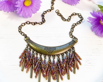 Boho Tribal Fringe Bib Necklace - Statement Jewelry - Beaded - Eclectic - OOAK