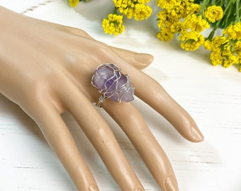 Raw Amethyst Wire Wrapped Ring - Protective Stone - Birthstone - Boho Ring - Stackable Ring - Witch - Gypsy - Statement Jewelry - OOAK