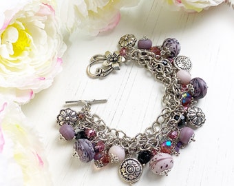 Boho Chic Silver Chunky Charm Bracelet, Statement Jewelry For Women, OOAK, Beaded Bracelet, Purple Beads, Medallion Charms