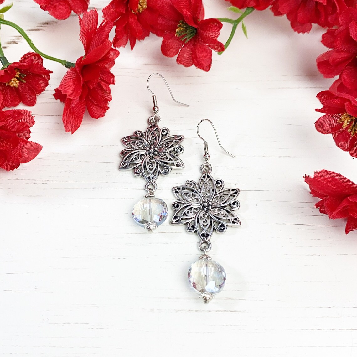 Denim Blumen Ohrringe Damen - Boho Schmuck Mit Großen Blauen Blumen