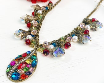 Rhinestone Pendant Necklace - Statement Jewelry - Beaded - Boho Glam - Eclectic Jewelry - Chunky Necklace