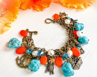 Beach Themed Charm Bracelet, Statement Jewelry, Chunky Bracelet, Turquoise Howlite, Mermaid Bracelet, Sailing, Starfish, Summer Jewelry