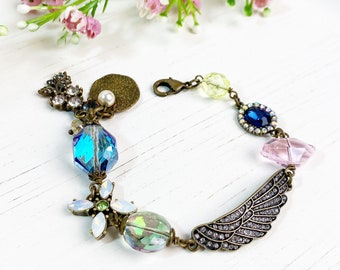 Boho Wing Bracelet - OOAK - Eclectic - Statement Jewelry - Rhinestone - Beaded - Charm Bracelet