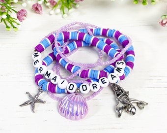 Mermaid Stretchable Stack Bracelet Set, Shell and Starfish, Beach Summer Jewelry, Beaded Bracelet for Women, Mermaid Lover, Whimsical