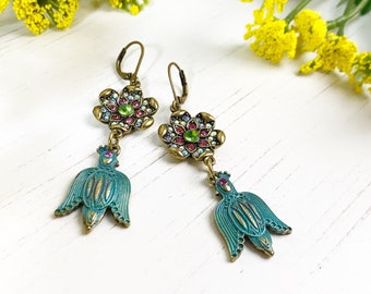Boho Chic Flower and Bird Earrings, Rhinestone, Bird Lover, Statement Jewelry For Women, OOAK, Boho Glam, Patina Earrings