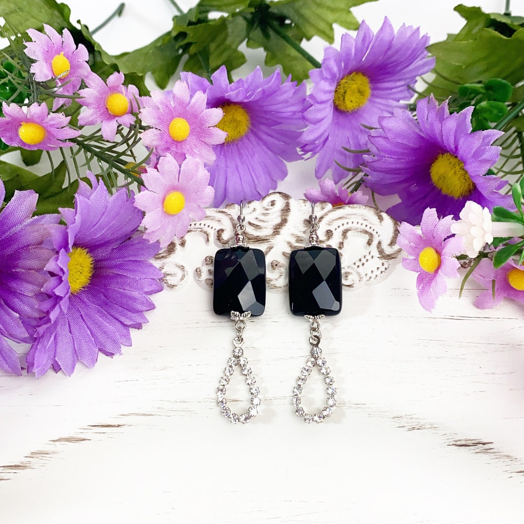 Black Rhinestone Dangle Earrings / Vintage Inspired Jewelry