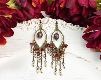 Jasper + Rhodonite Chandelier Earrings - Boho - Stone Jewelry - Statement Jewelry - Witch - Gemstone - Gypsy - OOAK