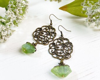 Boho Quartz Earrings - Green - Statement Jewelry - OOAK - Eclectic - Bohemian - Gypsy - Witch - Stone - Fashion Accessories