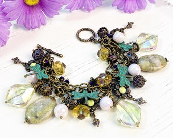 Dragonfly Charm Bracelet, Jasper Stone, Chunky, Statement Jewelry, Floral, Eclectic, Beaded