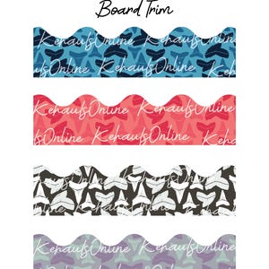 May include: Bulletin board trim with a wavy edge design. The image shows four different color variations: blue with shark teeth, coral with shark teeth, black and white shark teeth, and purple and green shark teeth. The text "Niho Mano Bulletin Board Trim" is at the top.
