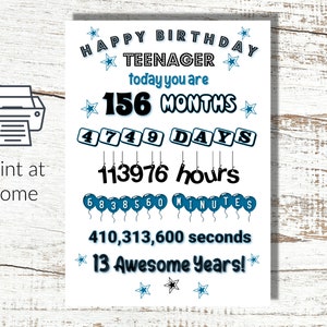 Carte pour 13 ans à télécharger et à imprimer - Faits et chiffres sur la carte - Carte de voeux pour adolescent en bleu