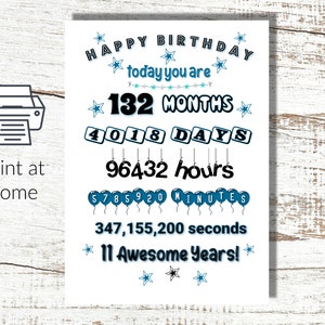 Downloaden und drucken Sie 11th Birthday Card - Lustige Zahlen und Fakten