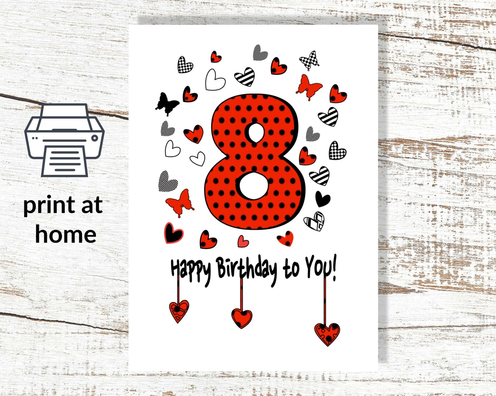 Instant Download And Print At Home 8th Birthday Greeting Card