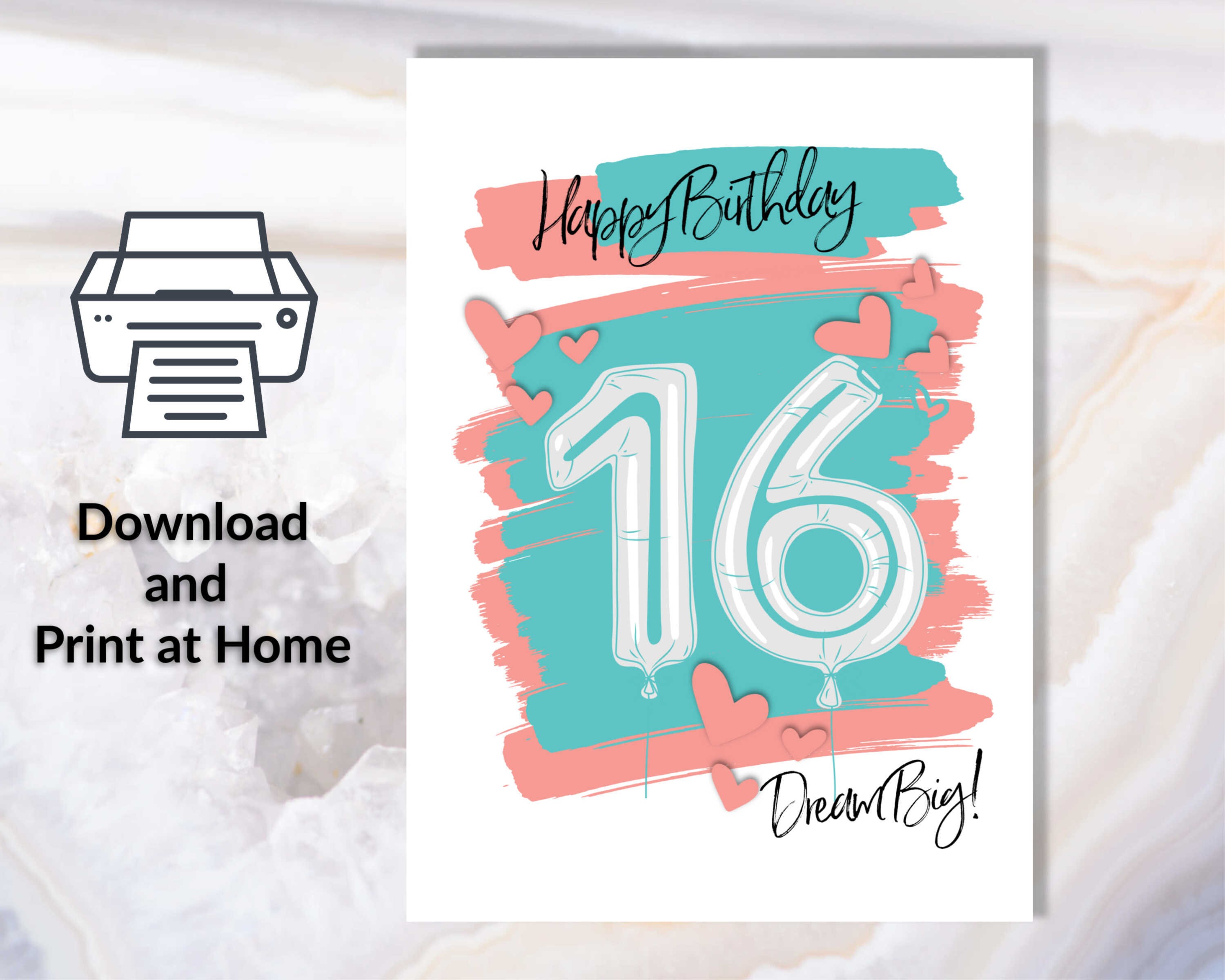 Instant Download and Print at Home 16th Birthday Card for Boy or Girl ...