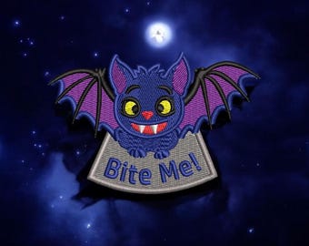 Bite Me Vampire Bat Iron on Patch, Halloween Smiley Bat Badge, Gothic Embroidered Patch, Spooky Gift, Creepy Applique