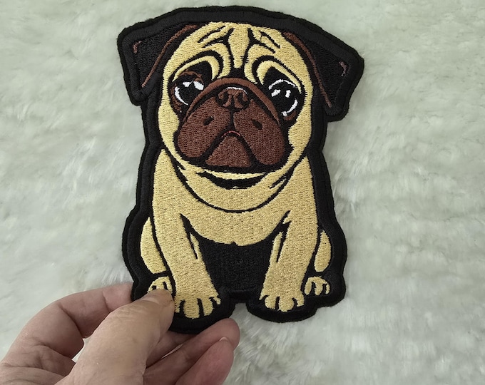 Large 12cm x 8.5cm, Pug Iron-On Patch, Dog Lovers Gift, Pug Lovers, Bag Patches, Jeans Patch, Cute Patch - Dark Fawn and Brown