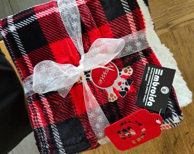 Luxury Red Tartan Dog Blanket with Personalized Embroidered Name - Cozy Custom Pet Blanket for Stylish Pet Owners