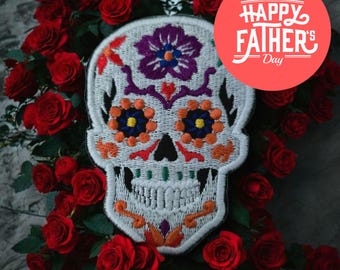 Large Candy Skull Embroidered Iron-On Patch, Sugar Skull Applique, Calaveras Patch, Skull Badge, DIY Clothing, UK 12cm x 8cm  Black or White