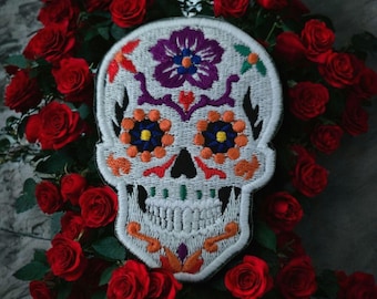 Large Candy Skull Embroidered Iron-On Patch, Sugar Skull Applique, Calaveras Patch, Skull Badge, DIY Clothing, UK 12cm x 8cm  Black or White