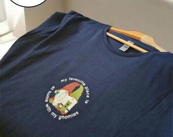 Cozy Navy Blue Tee with Embroidered 'At Home with My Gnomies' Message for Gnome Lovers - Funny Tshirt, Whimsical Gift for Homebodies