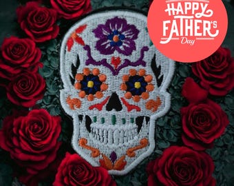 Small Candy Skull Embroidered Iron-On Patch, Sugar Skull Applique, Calaveras Patch, Skull Badge, DIY Clothing, UK 8cm x 6cm Black or White