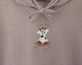 GILDAN Hoodie, Embroidered Hoodie, Unisex Gift, Embroidered Hoodie – Cow Sitting in Muddy Puddle with wording 'I'm Fine, Silly Moo'
