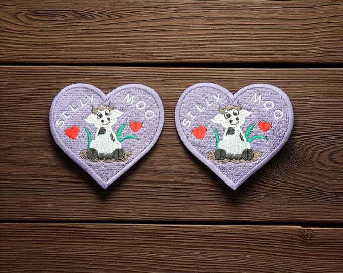 Silly Moo Embroidered Patch – Heart-Shaped Cow in Muddy Puddle - Iron on