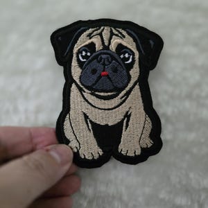 Small 8cm x 6cm, Pug Iron-On Patch, Dog Lovers Gift, Pug Lovers, Bag Patches, Jeans Patch, Cute Patch - Fawn, Black and Chinchilla