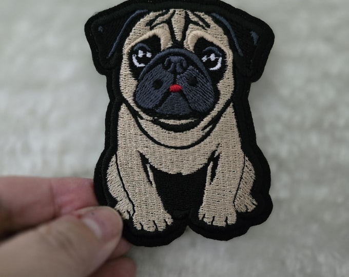 Small 8cm x 6cm, Pug Iron-On Patch, Dog Lovers Gift, Pug Lovers, Bag Patches, Jeans Patch, Cute Patch - Fawn, Black and Chinchilla
