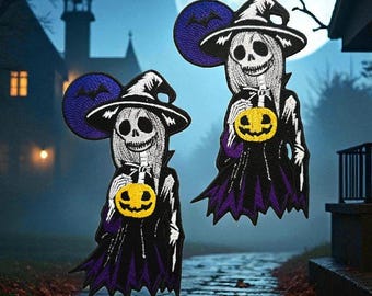 Skeleton Witch Embroidered Halloween Patch: Gothic Horror Applique