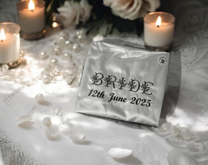 Bridal Cream Satin Robe - BRIDE, BRIDESMAID, Mother of the Bride, Date of Wedding - Gothic Style Roses - Embroidered across centre back