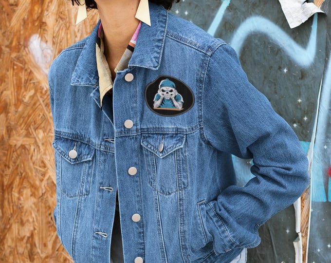Embroidered Bored Skeleton Iron-On Patch: Baseball Cap Design