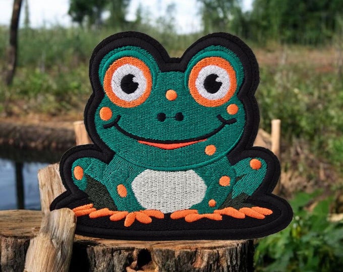Large Happy Frog Embroidered Patch: Iron-On Applique (12cm x 10cm)
