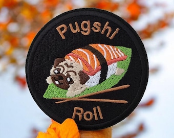 Pugshi Roll Embroidered Patch – Quirky Iron-On Patch for Dog Lovers & Sushi Fans - 9cm x 9cm - Bags, Jackets, Hats, Repairs to Garments