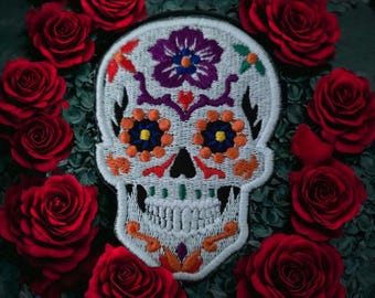 Small Candy Skull Embroidered Iron-On Patch, Sugar Skull Applique, Calaveras Patch, Skull Badge, DIY Clothing, UK 8cm x 6cm Black or White