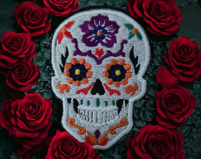 Small Candy Skull Embroidered Iron-On Patch, Sugar Skull Applique, Calaveras Patch, Skull Badge, DIY Clothing, UK 8cm x 6cm Black or White