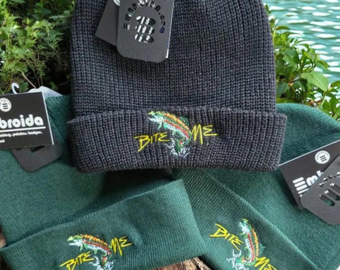 Bite Me Carp Fishing Beanie, Fishing Gift for Anglers, Embroidered Beanie, Fisherman Gift, Knit Winter Hat