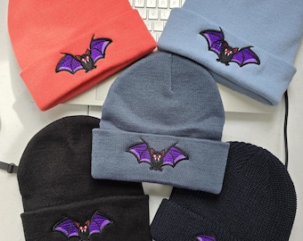 Halloween Embroidered Bat Beanie, Vampire Beanie, Warm Bonfire Hat, Halloween Hat, UK