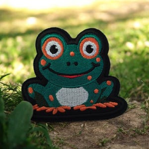 Small Happy Frog Iron On Patch, Cute Frog Applique, Embroidered Frog Patch, Sew On Frog Patch, DIY Frog Patch, Frog Lover Gift 8cm x 7cm