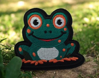 Small Happy Frog Iron On Patch, Cute Frog Applique, Embroidered Frog Patch, Sew On Frog Patch, DIY Frog Patch, Frog Lover Gift 8cm x 7cm