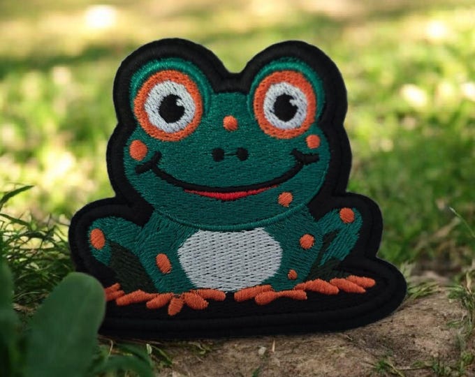 Small Happy Frog Iron On Patch, Cute Frog Applique, Embroidered Frog Patch, Sew On Frog Patch, DIY Frog Patch, Frog Lover Gift 8cm x 7cm