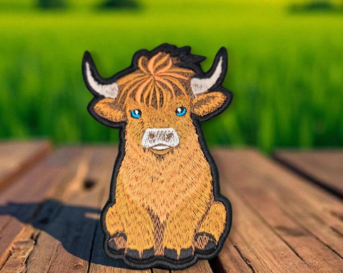 Highland Cow Embroidered Iron-On Patch: Clothing Repair (11cm x 8cm)