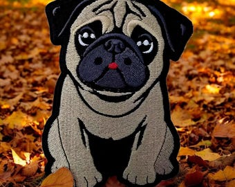 Large 12cm x 8.5cm, Pug Iron-On Patch, Dog Lovers Gift, Pug Lovers, Bag Patches, Jeans Patch, Cute Patch - Fawn, Black and Chinchilla